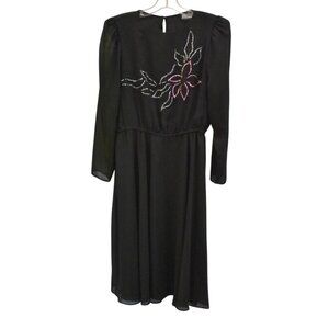 Vintage 80's Women's Black Chiffon Sequin Beaded Special Occasion Dress Size MP